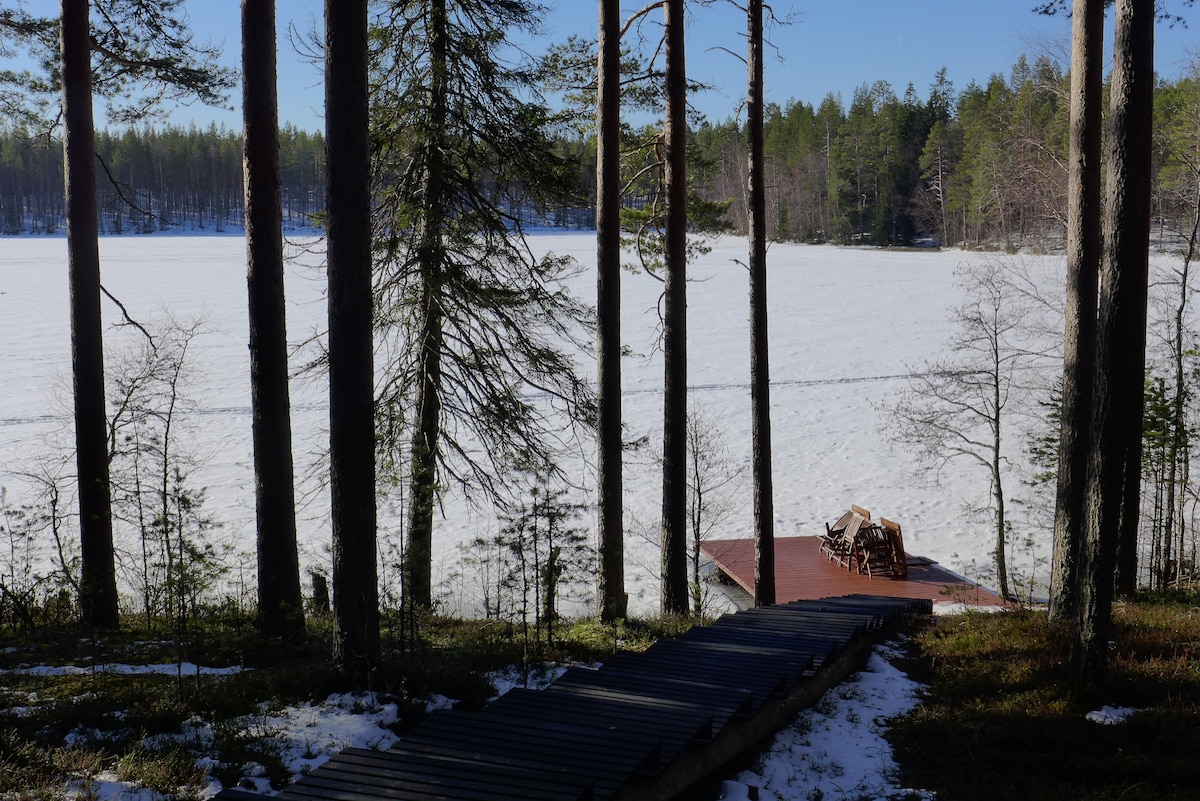 A wooden pathway leads down through tall trees towards a private dock on a frozen lake. The surrounding landscape features untouched snow and a forested backdrop, showcasing a serene winter setting.