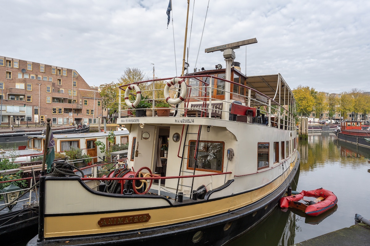 An authentic boat is docked at a tranquil location, showcasing a classic, timeless design. The exterior features a prominent deck area with a helm and lifebuoys. Surrounding greenery complements the natural setting, while neighboring boats and buildings provide a glimpse of the vibrant marina.