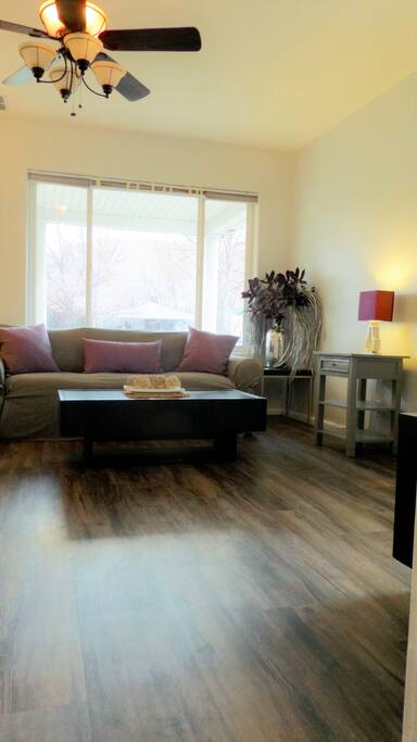 Front room with full size sofa sleeper HDTV, and Blue Ray player