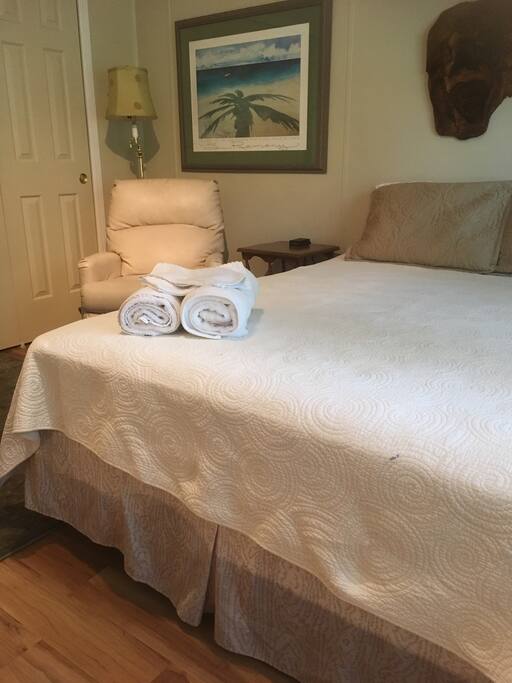 Queen Bed and comfy reading recliner