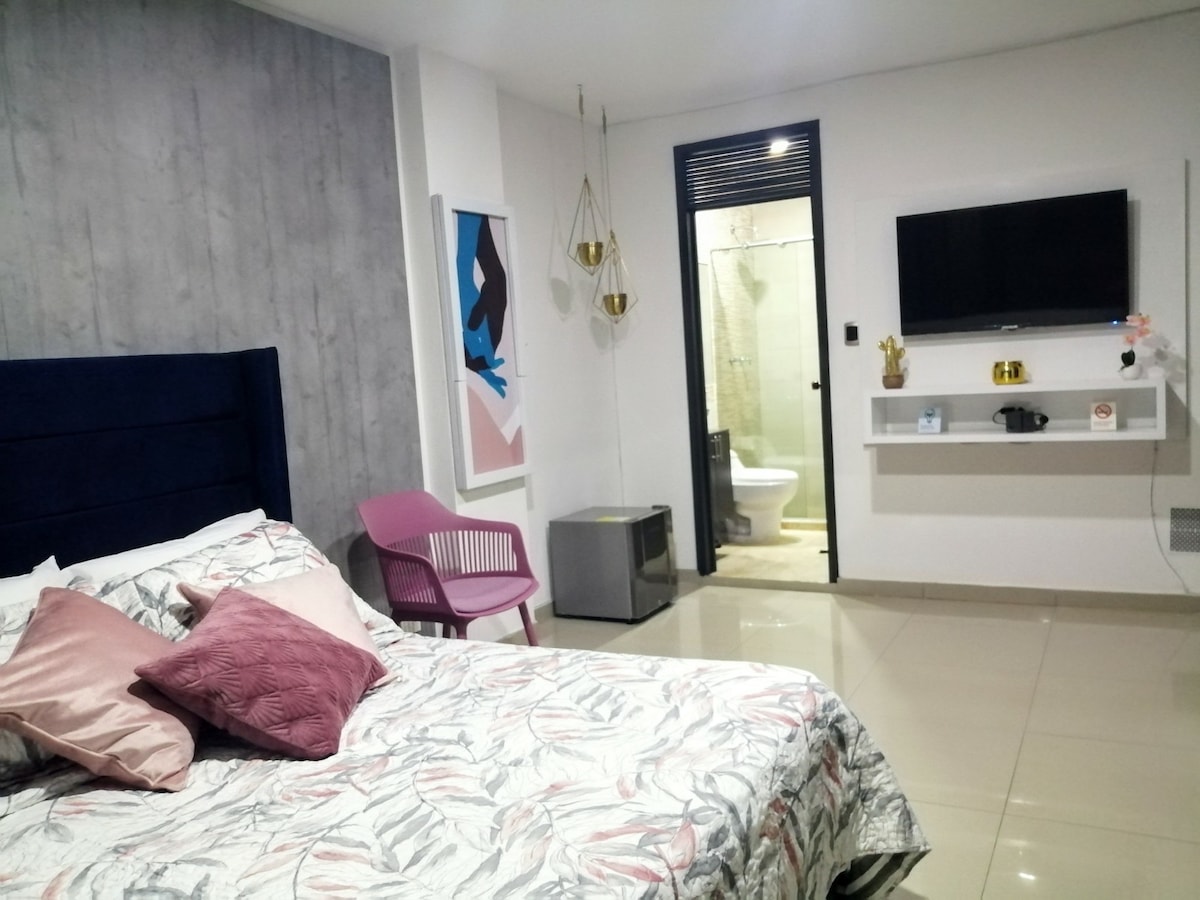 A well-appointed sleeping area features a spacious bed adorned with a patterned comforter and decorative pillows. A small pink chair is positioned nearby. A wall-mounted television sits above a shelf, with a visible bathroom behind a glass door.