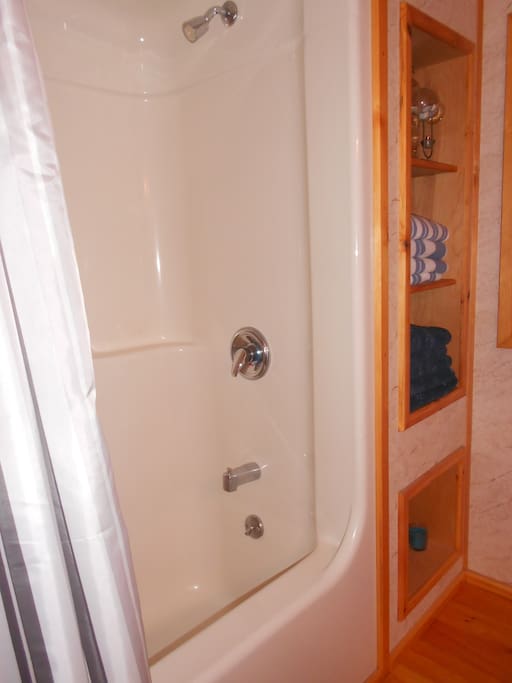 Clean shower with tub.