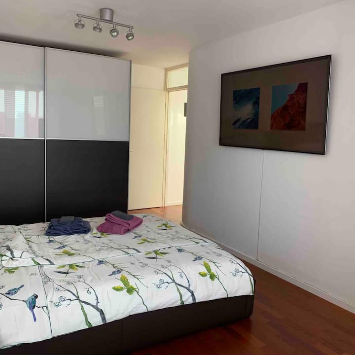 تم تجهيز غرفة النوم الرئيسية بتلفزيون ذكي 65بوصة