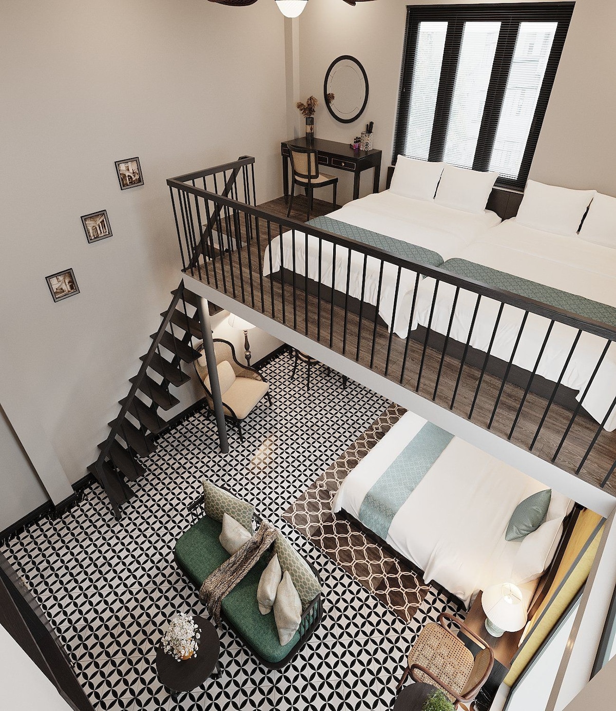 A spacious room layout is showcased, featuring three comfortable beds arranged across two levels. A staircase leads to the upper area, while a patterned floor adds visual interest. Large windows allow natural light to illuminate the space, enhancing its airy feel.