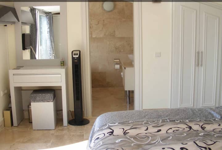 غرفة نوم رئيسية بسرير كبير وحمام داخلي