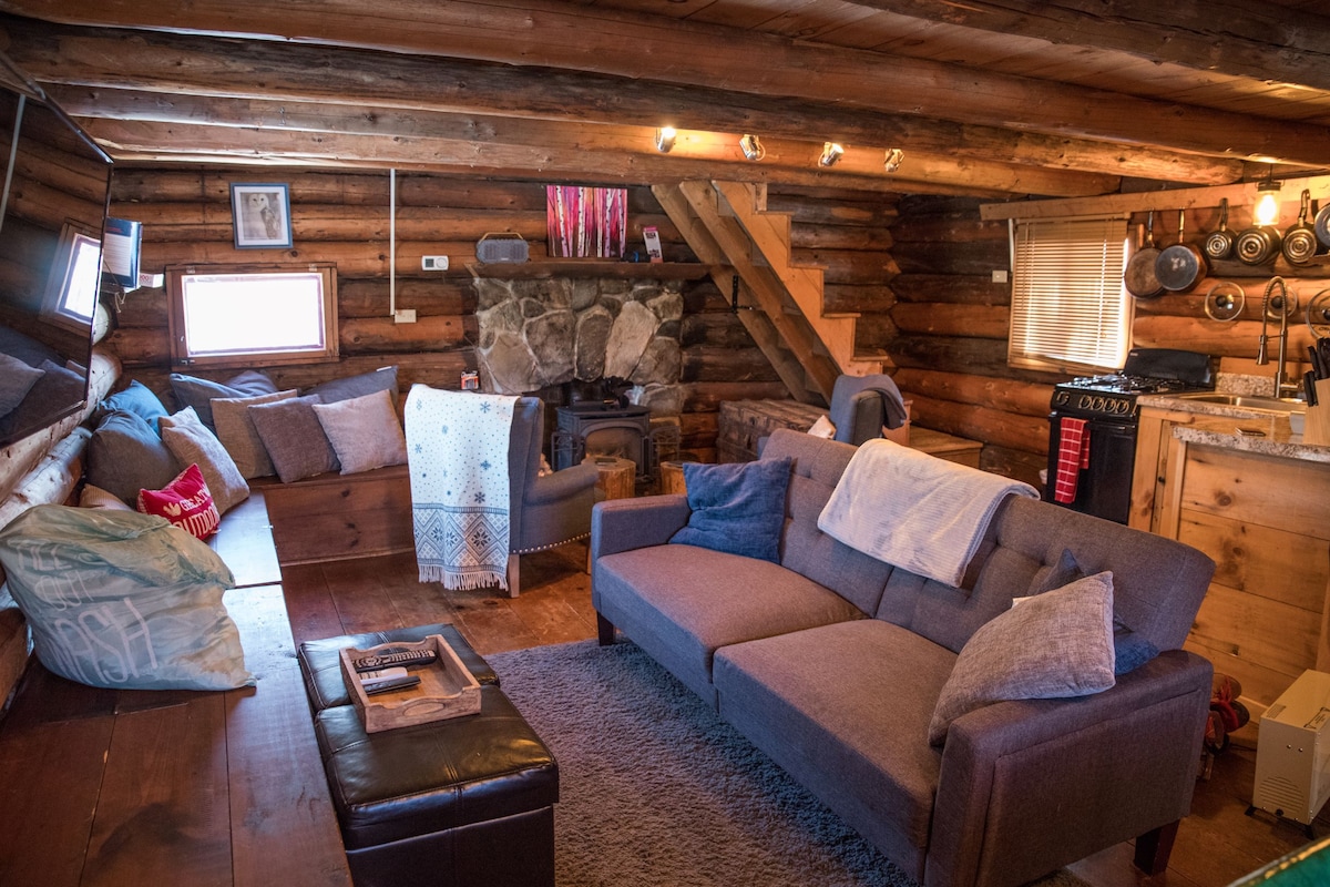 A cozy living area features a spacious sectional sofa with soft, textured cushions. A stone fireplace is centered against a wooden wall, providing warmth. Light streams in through windows, illuminating the rustic wooden beams and the staircase leading to the loft.