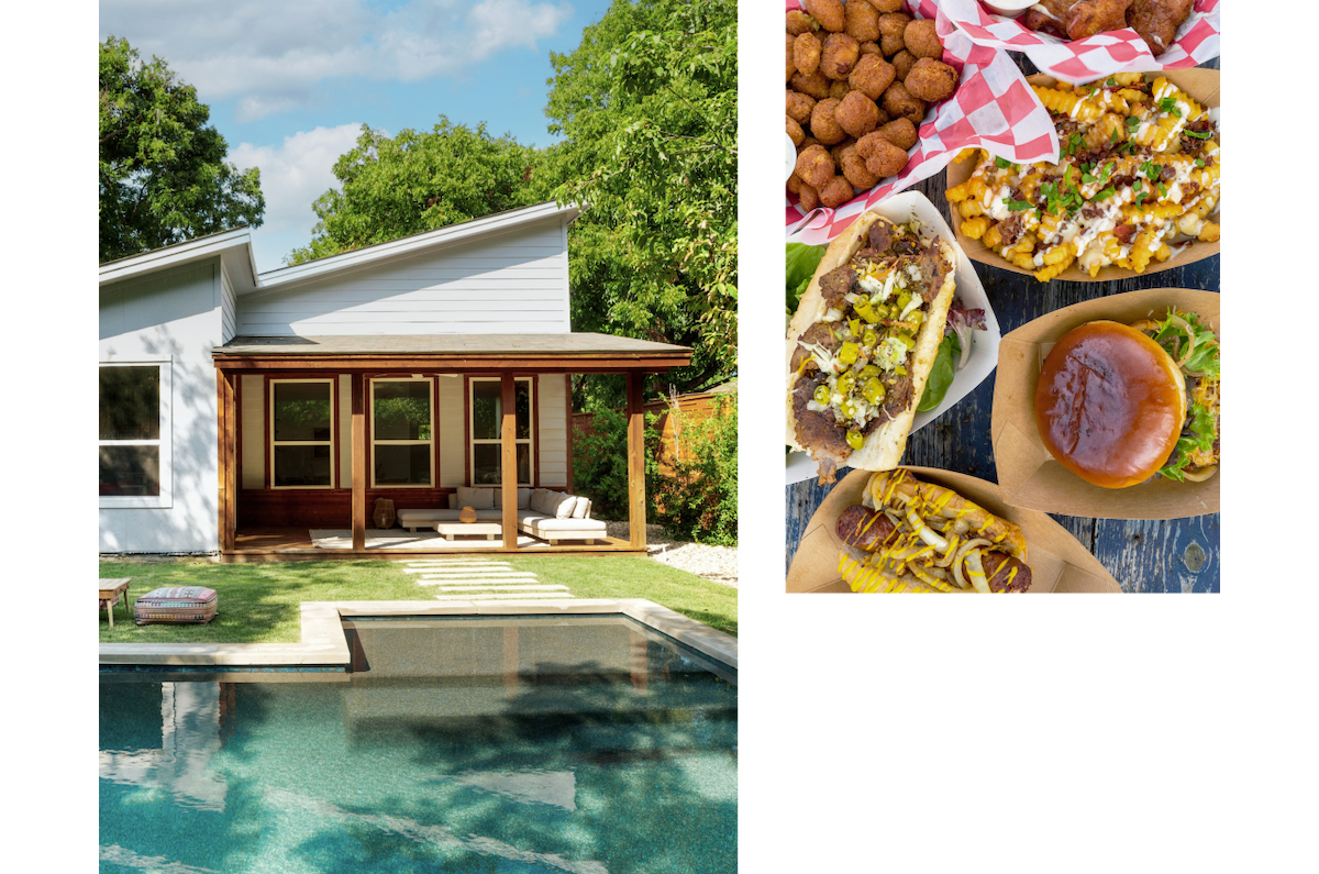 An image of a poolside escape under the hot Austin, Texas sun. A modern backyard patio with caramel brown beams supporting a shaded area for ample rest and relaxation. The second image is of a picnic table holding a smorgasbord of sweet and smokey meats and treats straight out of the BBQ pits of Austin, Texas.