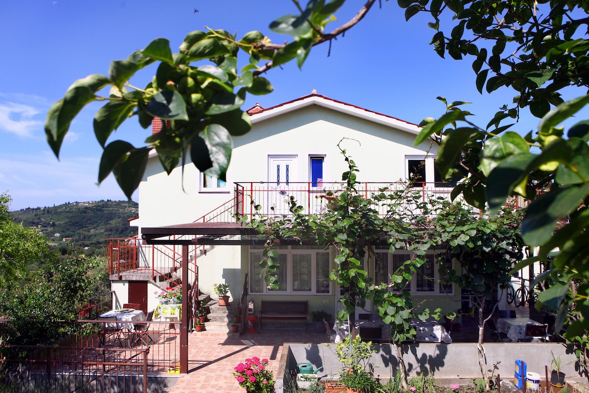 The exterior of the two-story house displays a light green façade with white accents. A balcony extends from the upper floor, complemented by an outdoor staircase and greenery. Surrounding flower beds add color, while outdoor seating can be seen below, set against a backdrop of hills.
