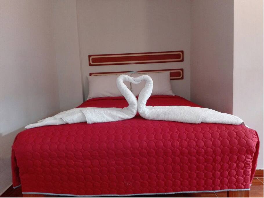 La habitación una cama matrimonial con baño privado con agua caliente las 24 horas.
Cable TV.
Desayuno Buffet