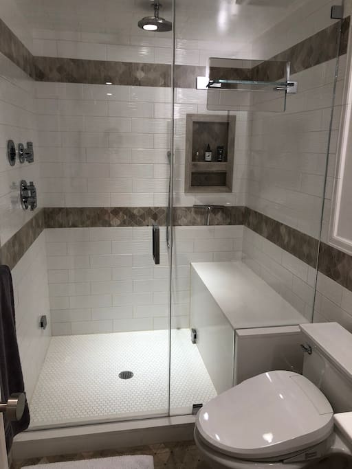 Steam shower with body jets, rain shower head and bidet toilet! We supply bath towels as well as Eucalyptus oil for the steam shower.