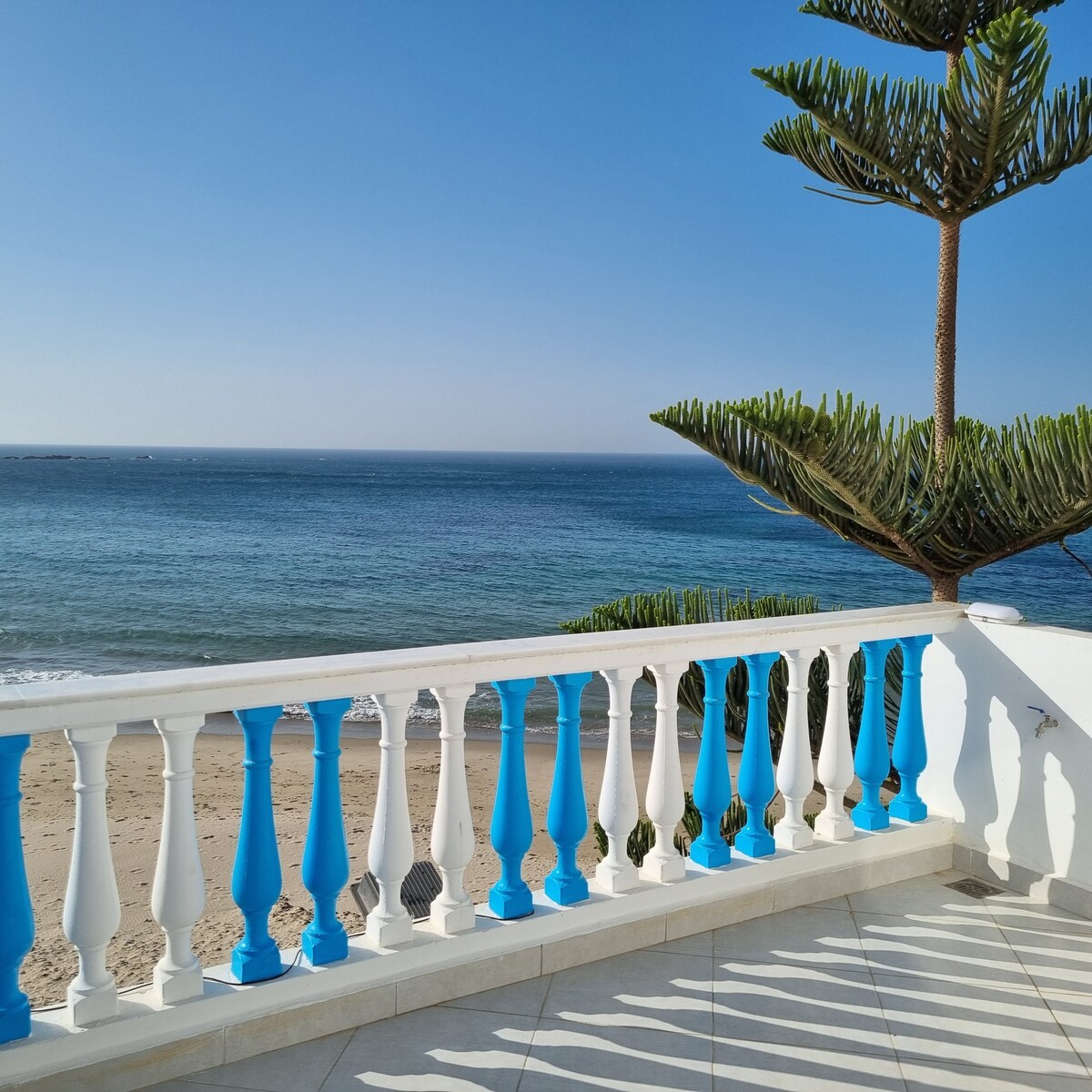 A terrace features a white and blue balustrade, overlooking a clear view of the calm sea. Lush greenery can be seen in the background, complemented by a tall, leafy tree. Bright sunlight creates a serene ambiance across the tiled surface.