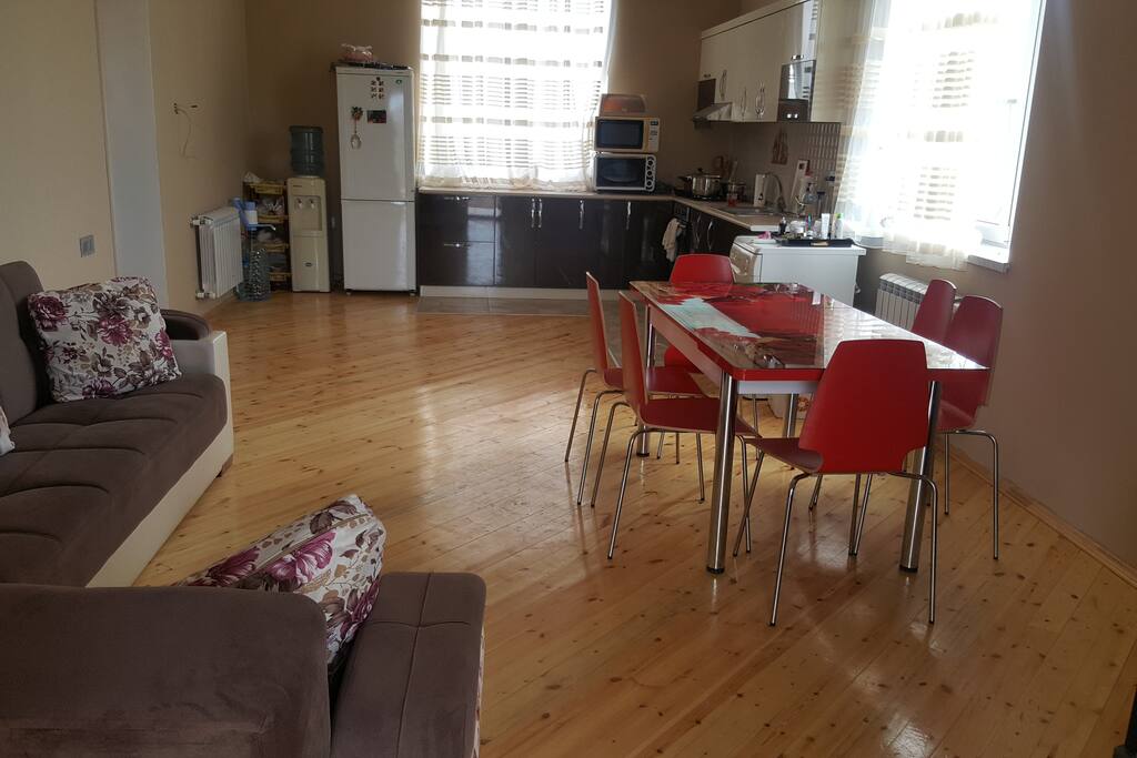 Kitchen includes microwave, refrigerator, tv, air conditioner and furniture.