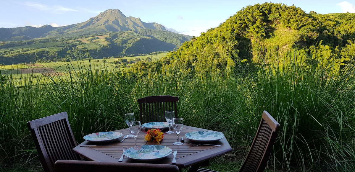 A wooden dining table is set outdoors with plates and glasses arranged neatly. The scene is framed by tall grass and offers a panoramic view of a mountain landscape in the background, highlighting the natural beauty of the surroundings.