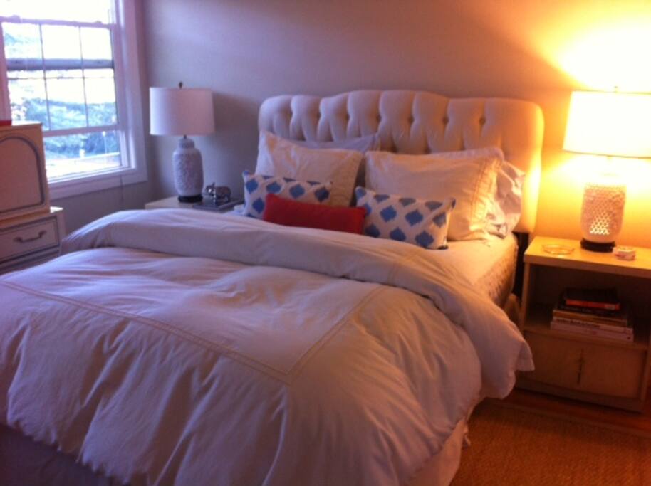 Queen size bed, large closet, two windows and ceiling fan.