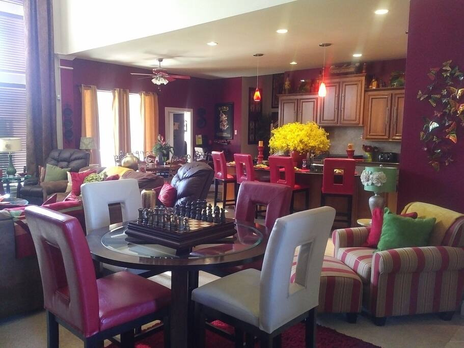 The family room, kitchen, and breakfast nook are connected spaces.