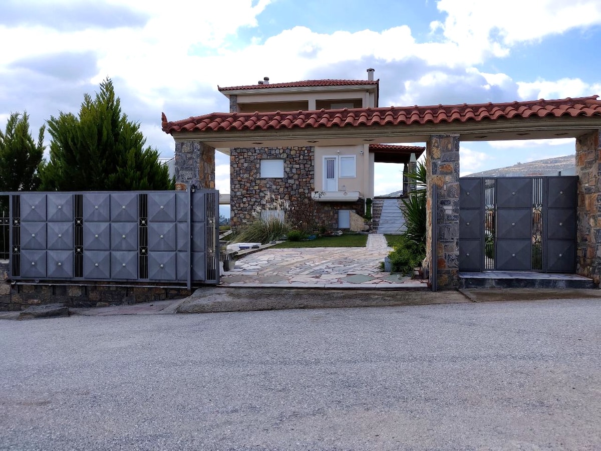The entrance of the villa is framed by a decorative stone wall and modern gates, leading to a cobblestone pathway. Lush greenery is visible on either side, while the villa's two-story structure stands prominently in the background, showcasing a tiled roof and large front window.