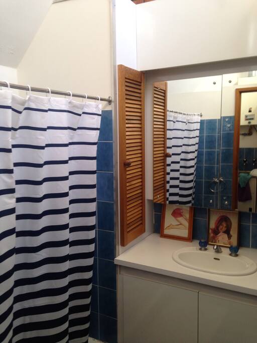 Bathroom with shower, bath and toilet. Washing machine is here too.
