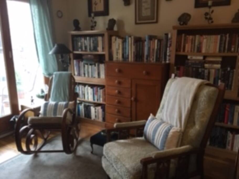 Cozy library leading to outdoor deck