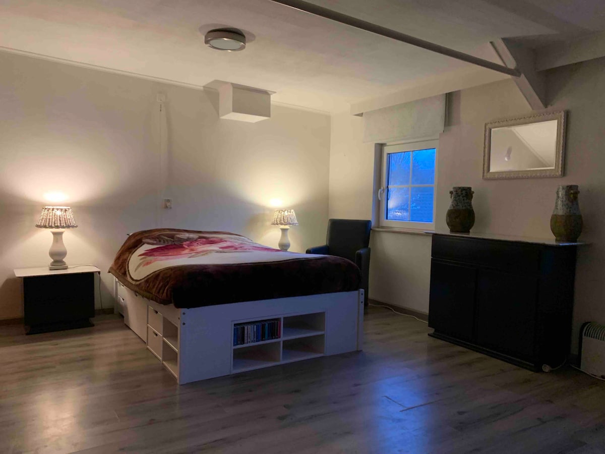 غرفة نوم بسرير مزدوج وخزانات ملابس مختلفة