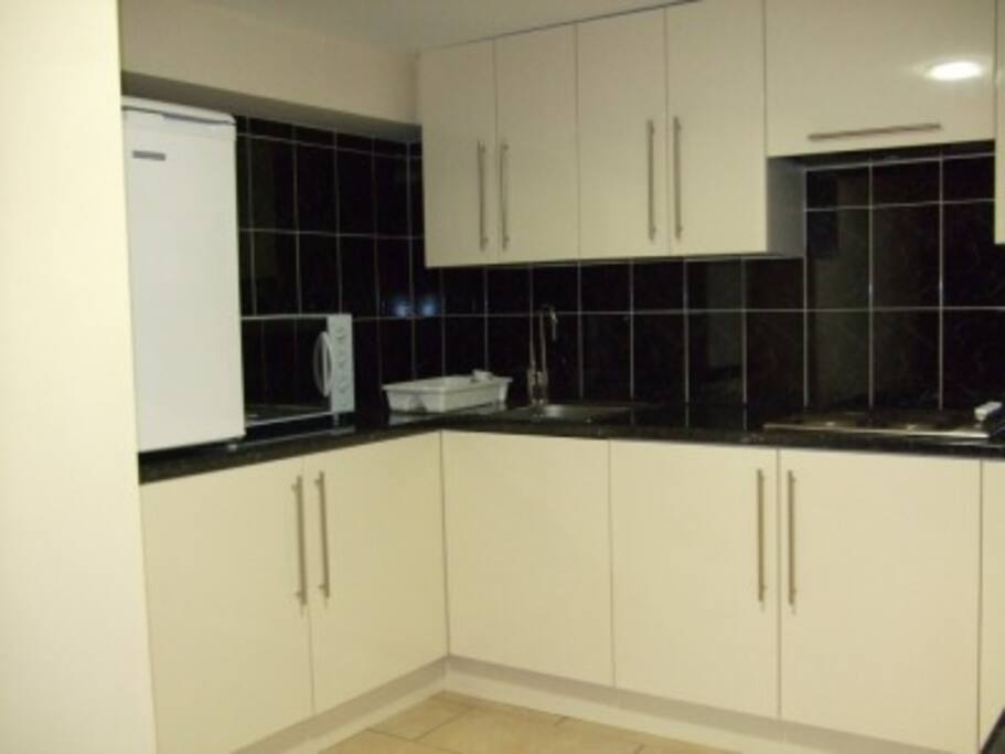 Kitchen with fridge.