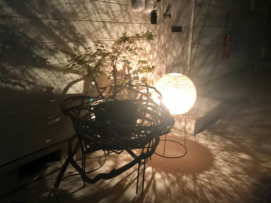 夜12時まで 玄関前のライトがドア周りを照らします。 お客様を 山もみじの盆栽で 爽やかにお迎えします。