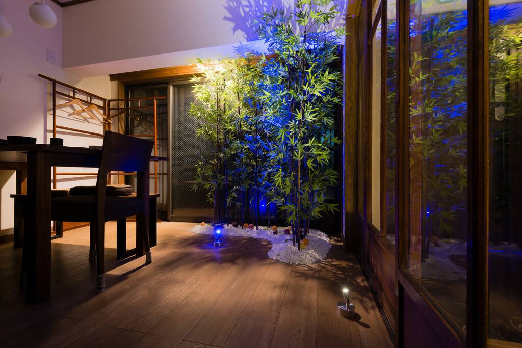 Night view of the dining area with the ceiling light off
