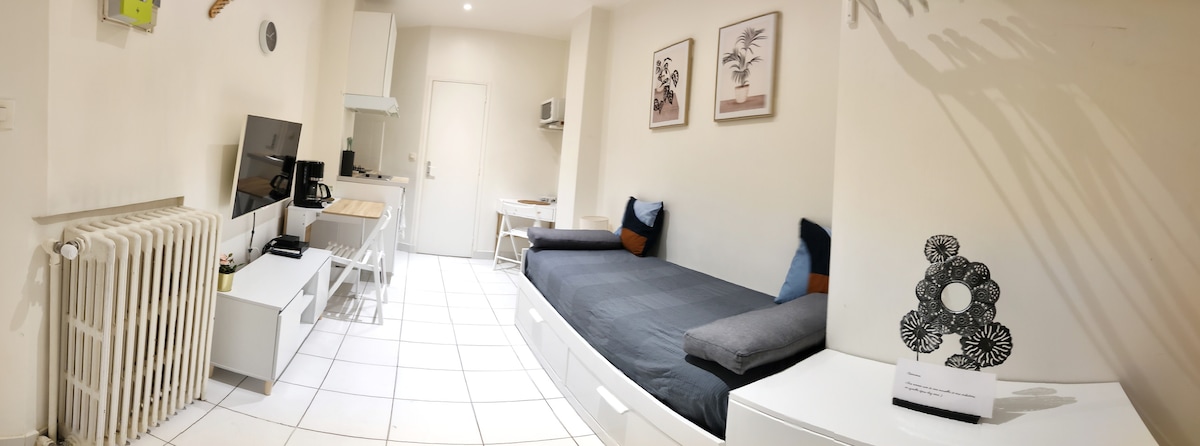 A studio interior is displayed, featuring a spacious gray sleeping area with two daybeds. A small dining table and chairs are positioned nearby. The wall is adorned with framed art, and a television is mounted above a storage unit. Natural light enters through the window.
