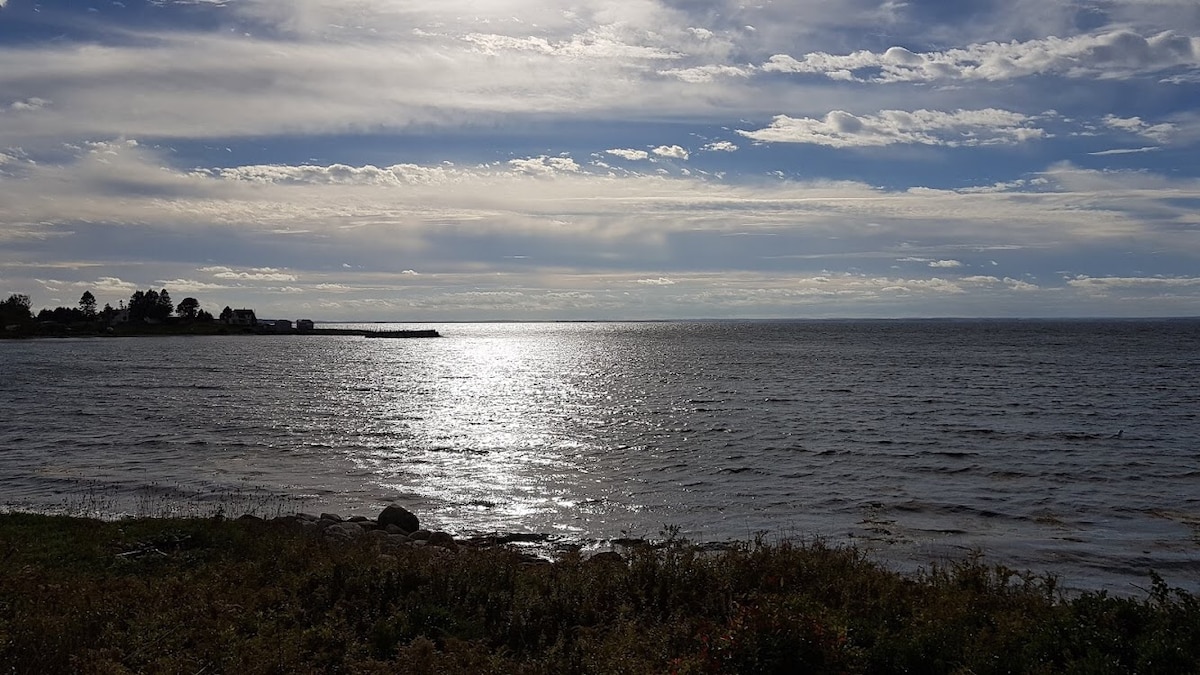 A serene view of the Atlantic Ocean is captured under a partly cloudy sky. The sun reflects brilliantly on the water's surface, creating a shimmering pathway across the waves. Green grass and rocky shorelines frame the image, adding a natural touch to the seascape.