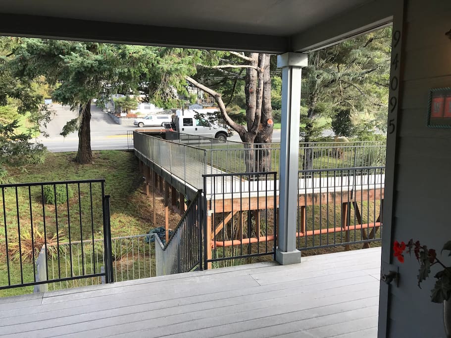 Stairs up from garage and a view of the walk from hwy 101 if you park on street.