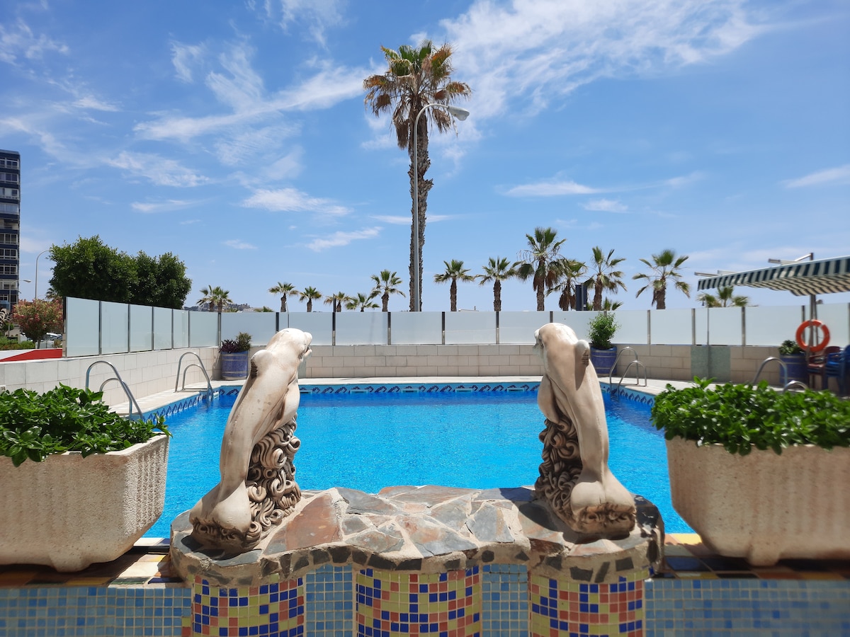 A communal swimming pool is framed by decorative stone dolphin sculptures and planters with greenery. Surrounding palm trees and a clear blue sky contribute to a bright, open atmosphere. Sun loungers are visible near the pool, enhancing the inviting outdoor space.