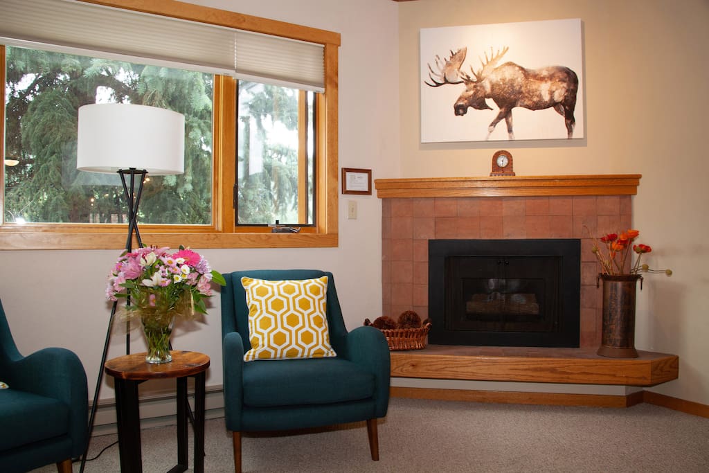Relax by the fire with "Max" the Moose!