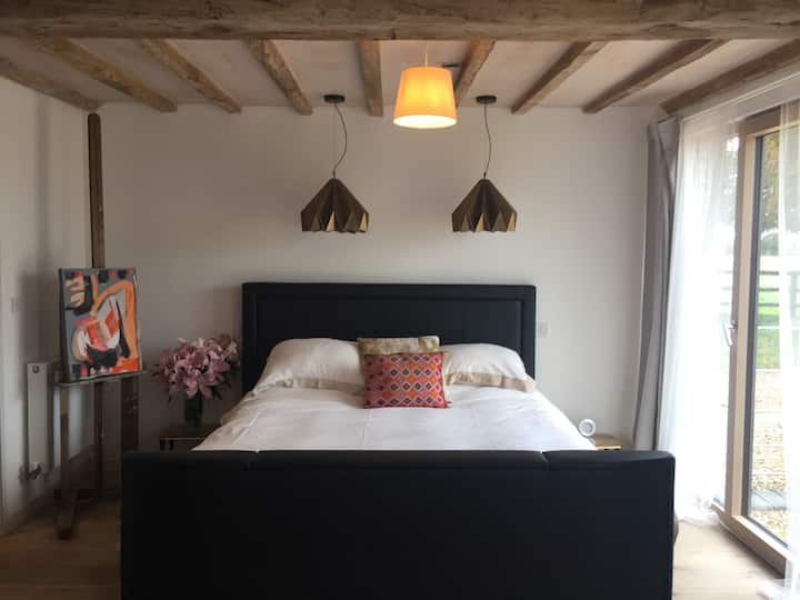 Главна спална соба 1: Голема соба со неверојатна бања со сопствен апартман, вклучувајќи бања и туш. Удобен супер брачен кревет, гардероба