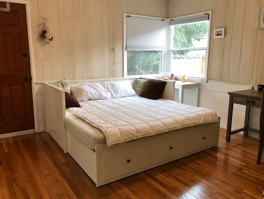 Bed when pulled out to a double (wider than queen-size). You'll have a selection of light, medium, and heavy blankets to use.