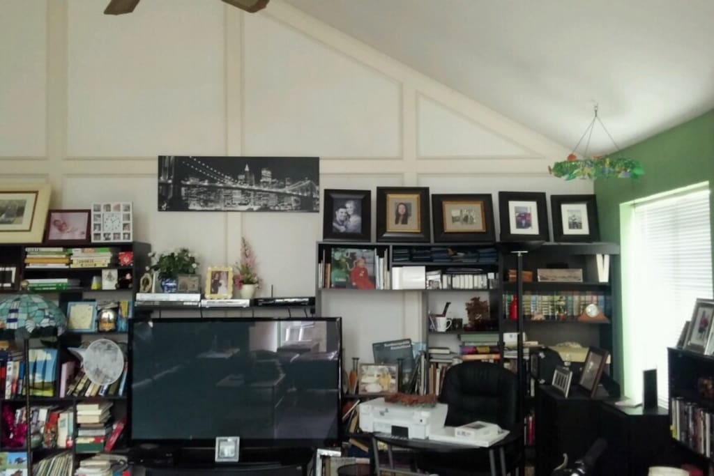 Television with satellite and dvd player, lots of movies.