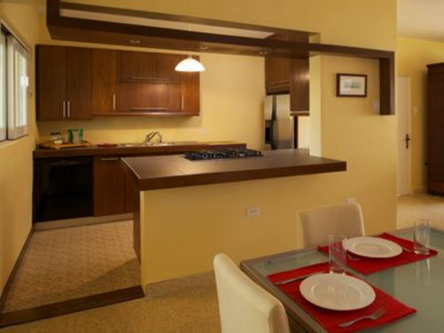 A view of the kitchen from the dining area.