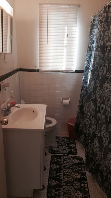 Humble sized bathroom with plenty of closet space.