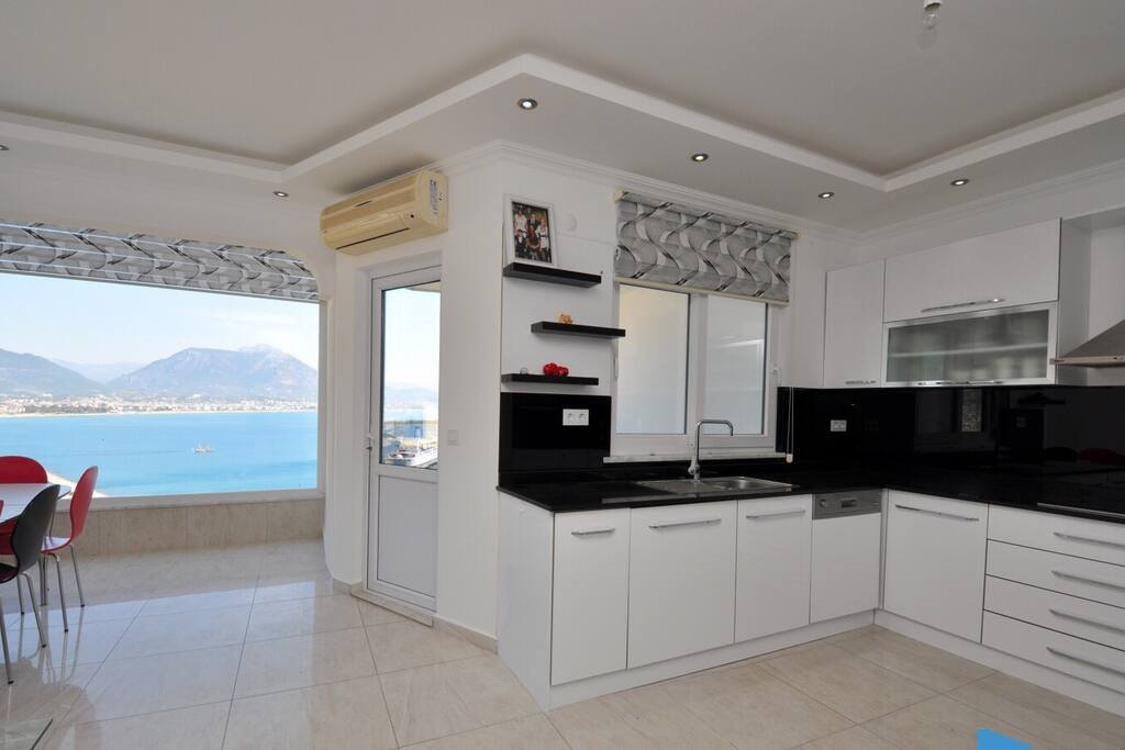 Kitchen and living room.