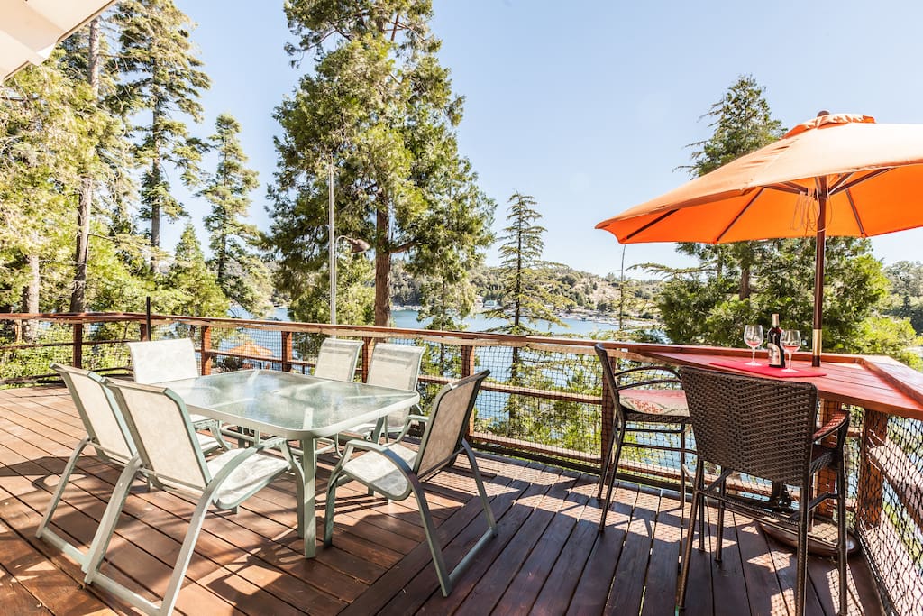Incredible outdoor living space on multiple levels with panoramic views of Lake Arrowhead