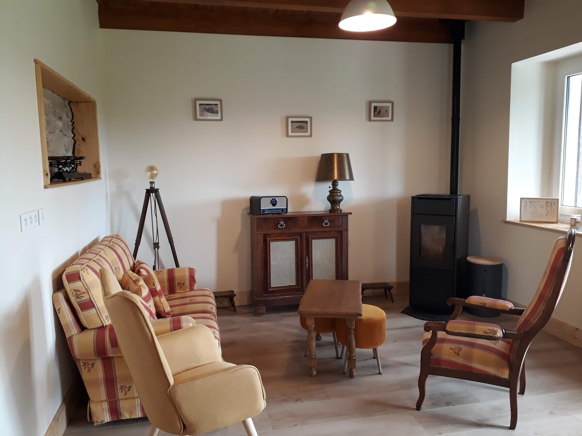 A cozy living area features a mix of seating, including a striped sofa and a classic armchair. A wooden coffee table sits centrally, complemented by a vintage lamp on a side table. A wood stove and natural light from the window add to the space's comfort.