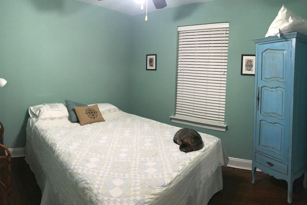 Room with queen bed & cabinet storage (cat not included:)