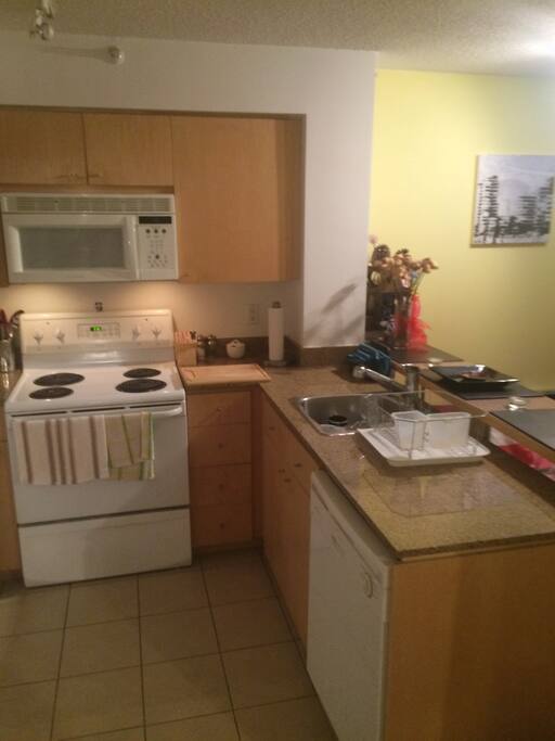 Breakfast bar and fully equipped kitchen, with dishwasher and microwave