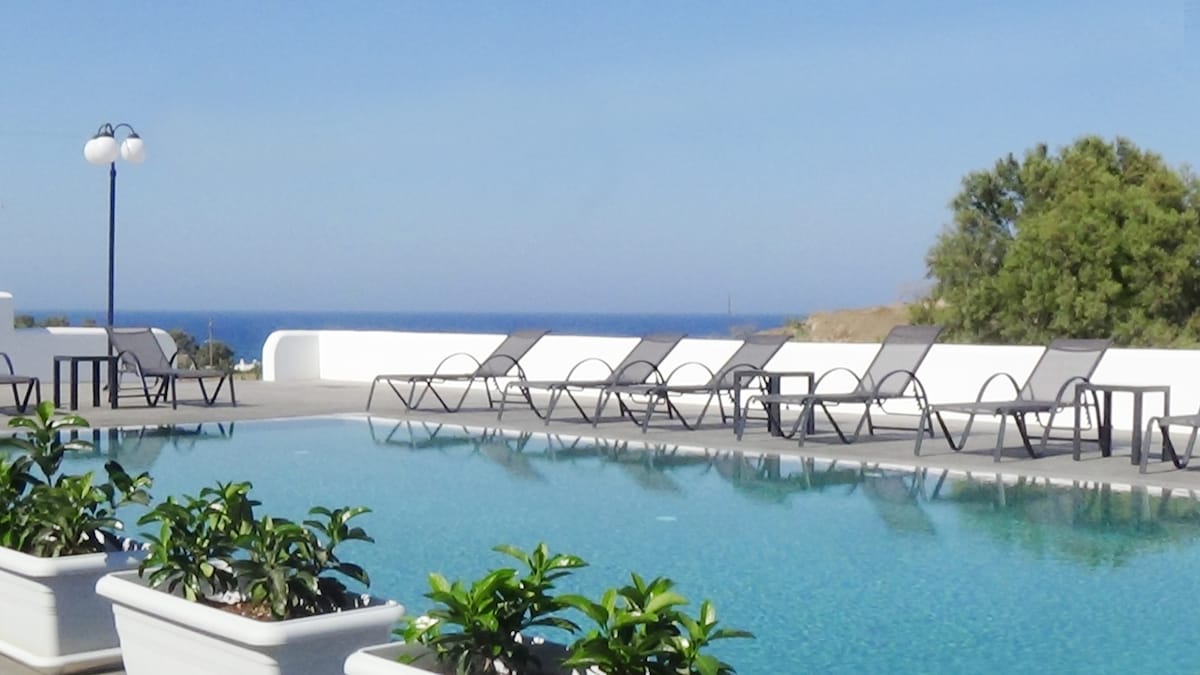 A large swimming pool is visible, reflecting the clear blue sky. Modern deck chairs are arranged around the pool, with white planters containing green foliage positioned at the foreground. The serene sea view can be seen in the background, enhancing the peaceful ambiance.
