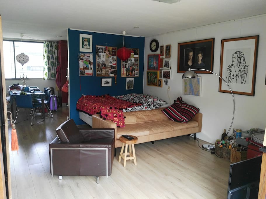 Living room with kitchen attached
