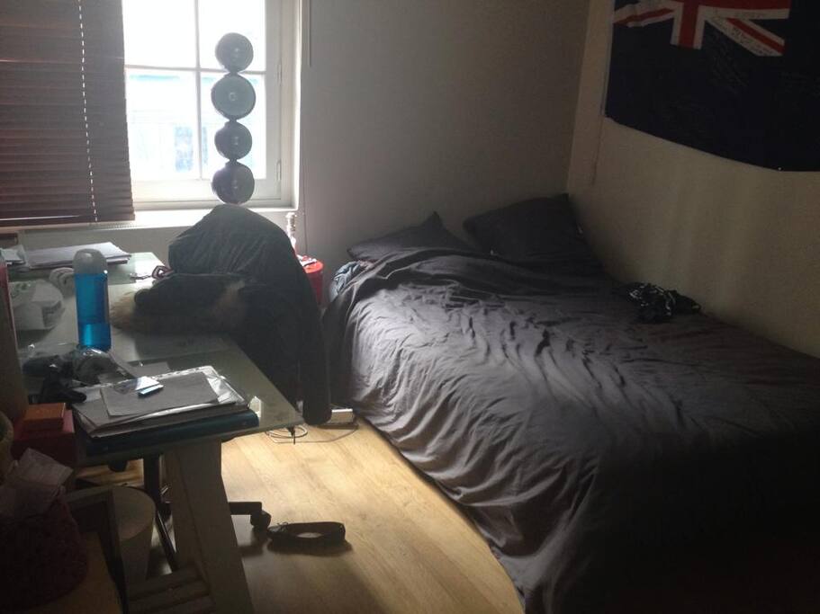 Un lit double et un bureau.