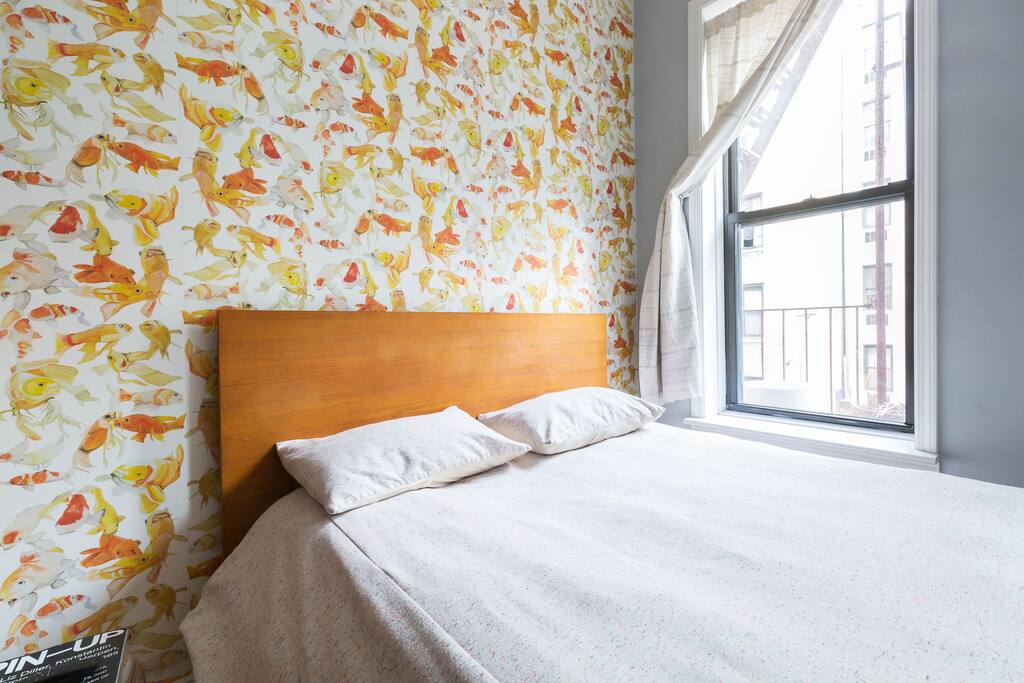 Comfortable queen-sized bed with down cover added for extra comfort . Blowup floor mattress available for 3rd guest if needed