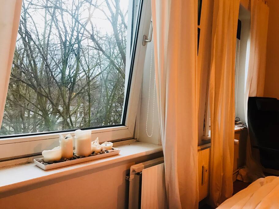 Ausblick in den Park aus dem Schlafzimmer