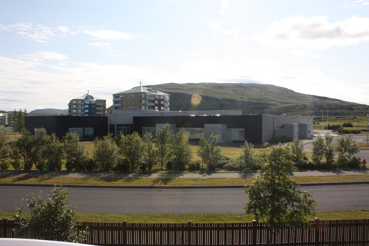 A view of modern buildings set against a backdrop of a green hill under a partly cloudy sky. Lush shrubs and trees are visible in the foreground, with a wide road leading to the structures, contributing to the serene atmosphere of the area.