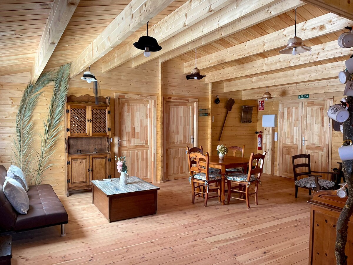 A spacious living area features wooden walls and beams, enhancing the natural aesthetic. A dark sofa sits beside a coffee table, while a dining set with four chairs is positioned in the center. Decorative elements include a vintage cabinet and potted greenery.