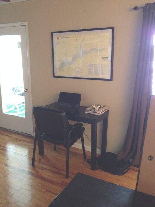 work area for computer and lake views.