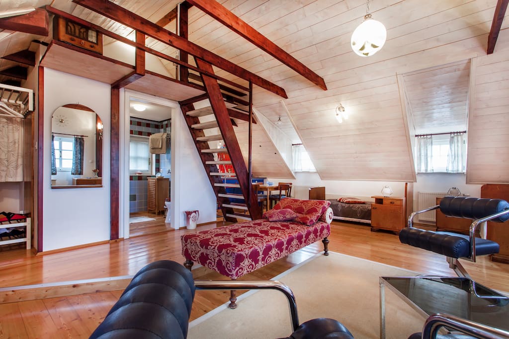 living room with beds